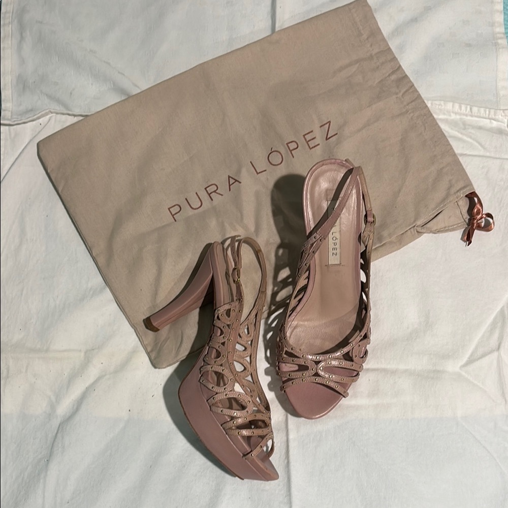 Pura Lopez Pink Heeled Sandals with Gold Tone Studs